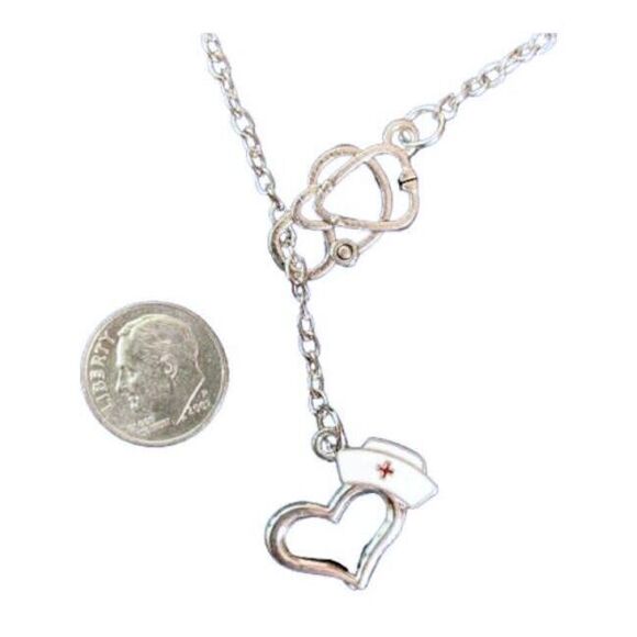 NEW Nurses Have Heart Necklace Earrings SET Red Cross Stethoscope Silver Chain - Picture 5 of 5